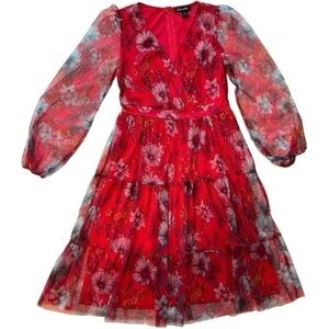 Red Floral Tiered Dress Whimsical Peasant Boho w/Sheer Puff Sleeves Size Small